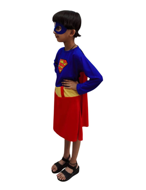 BookMyCostume Supreme Girl Red & Blue Character – Dress with Cape & Eye Mask | Superhero Kids Fancy Dress Outfit For Girls